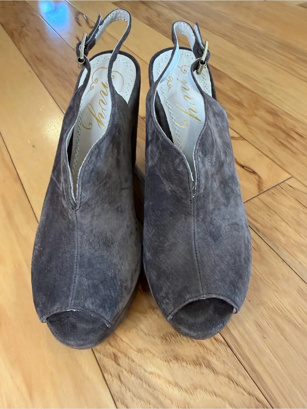ENVY Foxy Dark Grey Suede Platform Wedge Heels Peep Toe Slingback Sz 7.5⁠
